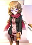  black_legwear blush box brown_hair cardigan coat gift gift_bag gift_box glasses gloves heart highres incoming_gift long_sleeves looking_at_viewer necktie original pantyhose plaid plaid_skirt purple_eyes red-framed_eyewear red_scarf scarf school_uniform shitou skirt sweater_vest 