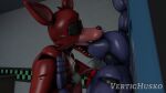 animatronic anthro arcade_machine bonnie_(fnaf) canid canine clasped_hands dominant dominant_male duo eye_patch eyes_closed eyewear five_nights_at_freddy&#039;s fox foxy_(fnaf) french_kissing genitals hand_on_partner&#039;s_chest head_tilted_back hook hook_hand intimate kissing lagomorph leporid machine male male/male mammal penis pinned pinned_to_wall rabbit robot scottgames submissive submissive_male tapering_penis vertichusko