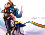  1girl alternate_costume arcade_sona bare_shoulders blue_eyes blue_hair bra denim ezreal foam_finger hug hug_from_behind jeans league_of_legends looking_at_viewer nal_(nal's_pudding) pants ribbon skirt sona_buvelle star tpa_ezreal twintails underwear 