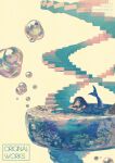  1girl black_hair closed_mouth commentary_request expressionless garutaisa hand_rest long_hair looking_at_viewer mermaid monster_girl original partially_submerged pool simple_background solo spiral_staircase stairs starfish surreal water_drop watermark white_background wide_shot 