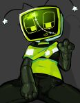 2025 4_fingers antennae_(anatomy) belly black_antennae black_bottomwear black_clothing black_crop_top black_pants black_shirt black_topwear blush blush_lines blushcrunch_studio bottomwear clothing costume crop_top crt dandy&#039;s_world electronics female fingers for_a_head frankenstein_costume glistening glistening_body green_body grey_arms grey_background grey_body hi_res humanoid keeboreal looking_at_viewer machine mantle narrowed_eyes navel object_head pants roblox robot robot_humanoid screen screen_face screen_head shaded shadow_backdrop shirt simple_background sitting smile smiling_at_viewer solo spread_legs spreading star_antennae stitch_(sewing) television toon_(dandy&#039;s_world) topwear tv_head vee_(dandy&#039;s_world) white_clothing