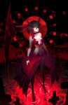  1girl black_hair black_thighhighs bob_cut breasts cleavage cloud cloudy_sky cobblestone colored_inner_hair colored_sclera dark dark_cloud demon_horns dress fishnet_sleeves fishnet_top fishnets from_above full_body graveweaver hair_over_one_eye high_heels holding holding_scythe horns i'm_the_grim_reaper light_particles lipstick looking_at_viewer makeup mountainous_horizon multicolored_hair official_alternate_costume official_art red_dress red_ribbon red_sclera red_sun red_water reflection reflective_water revealing_clothes ribbon ripples scarlet_(i'm_the_grim_reaper) scythe short_hair sky stitched_arm stitches string_around_horn sun_behind_head thighhighs tombstone too_many_eyes torn_clothes white_eyes wide-eyed zettai_ryouiki 