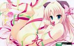  absurdres animal_ears asakura_hayate blonde_hair blue_eyes bow breasts cherry_blossoms copyright_name dog_ears food food_in_mouth food_themed_hair_ornament fruit hair_bow hair_ornament highres legs_up looking_at_viewer lying majo_koi_nikki mouth_hold naked_ribbon nipples on_back partially_visible_vulva petals ribbon small_breasts strawberry strawberry_hair_ornament tokeizaka_rei 