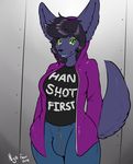  anthro black_nose blue_lips breasts bulge canine clothed clothing dickgirl dog fur green_eyes hoodie husky intersex looking_at_viewer mammal nightfaux purple_fur solo wolf 