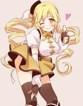  ;) bad_id bad_pixiv_id beret blonde_hair boots detached_sleeves drill_hair foreshortening hat heart knee_boots leaning_forward long_hair mahou_shoujo_madoka_magica one_eye_closed pointing smile solo thighhighs tomoe_mami twin_drills twintails very_long_hair yellow_eyes yutsumoe zettai_ryouiki 