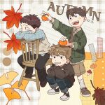  3boys black_eyes black_pants black_shoes black_sweater blue_shirt brown_hair brown_shoes brown_sweater chair collared_shirt commentary_request crossed_arms cuffed english_text food fruit gingham ginkgo_leaf green_jacket hand_on_another&#039;s_head highres holding holding_food holding_fruit jacket layered_clothes leaf long_sleeves looking_at_viewer looking_to_the_side mannerer62 maple_leaf multiple_boys mushroom open_mouth original pants patterned_background persimmon pumpkin shirt shoes short_hair shorts sitting sitting_backwards slav_squatting socks squatting sweater sweater_vest teeth upper_teeth_only v-neck washi_tape_(object) white_socks 