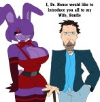 absurd_res anthro big_breasts bonfie_(cryptiacurves) bonnie_(fnaf) bow_tie breasts clothed clothing dress duo facial_hair female five_nights_at_freddy&#039;s funny_frendo34 gregory_house hi_res house.m.d. human lagomorph legwear leporid makeup male male/female mammal rabbit scottgames smug_grin text thigh_highs walking_stick