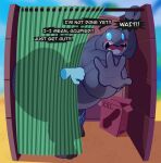 2025 4_fingers absurd_res alien alien_humanoid anthro arched_back beetleartz big_butt blue_bottomwear blue_clothing blue_eyes blue_shorts blush bottomwear bottomwear_down butt caught_in_the_act clothed clothing curtains dialogue dildo disembodied_hand disney embarrassed english_description english_text exclamation_point fingers gantu grey_body hi_res humanoid lilo_and_stitch male open_mouth partially_clothed sex_toy shorts shorts_down side_view solo speech_bubble text topless topless_humanoid topless_male