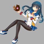  black_legwear blue_eyes blue_hair blue_sailor_collar blush breasts chocolate chocolate_heart chocolate_statue hand_on_own_chest heart long_hair medium_breasts original oyuki_(otozuki_mozuku) pantyhose sailor_collar solo 