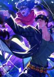  1boy 1other black_hair blue_eyes blue_hat blue_jacket blue_pants blue_shirt closed_mouth collarbone colored_skin commentary cowboy_shot hand_up hashtag-only_commentary hat highres jacket jojo_no_kimyou_na_bouken jojo_pose kujo_jotaro kujo_jotaro's_pose long_sleeves male_focus multiple_boys muscular muscular_male nefula14 open_clothes open_jacket open_mouth pants pointing purple_skin red_scarf scarf shirt short_hair stand_(jojo) star_platinum stardust_crusaders watermark 