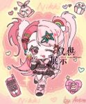 &gt;_&lt; 1girl animal artist_name black_bow black_jacket black_shoes black_skirt blushbunny_(infinity_nikki) bow cellphone chibi chinese_commentary commentary_request cupcake dot_nose ear_piercing earrings eyelashes flat_color flip_phone food fur-trimmed_jacket fur-trimmed_sleeves fur_trim gyaru hair_ornament hair_scrunchie hairclip happy heart heart_hair_ornament heart_tattoo highres infinity_nikki jacket jewelry layered_sleeves leg_tattoo leg_warmers loafers long_hair long_sleeves miniskirt multicolored_hair necklace nikki_(series) one_eye_closed open_mouth outline parallel_hairclips phone piercing pink_background pink_eyes pink_hair pink_leg_warmers pink_scrunchie plaid_clothes plaid_skirt pleated_skirt rabbit rainbow_hair_ornament ribbon ribbon_earrings rosie_sweetheart_(infinity_nikki) scrunchie shoes single_earring skirt smile solo split-color_hair star_(symbol) star_earrings star_hair_ornament tamagotchi_(virtual_pet) tattoo two-tone_background two_side_up v very_long_hair virtual_pet_(toy) waist_bow watermark white_outline x_hair_ornament y2k_fashion yellow_background yellow_ribbon zhenzhunaicha14817 