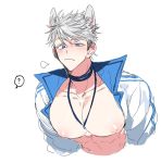  1boy abs alfi_(tok) animal_ears blue_eyes cropped_torso fang jacket jewelry kemonomimi_mode mabinogi male_focus merlin_(mabinogi) necklace nipples open_clothes open_jacket pectorals silver_hair simple_background solo white_background wolf_ears 