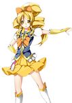  blonde_hair boots bow bowtie brooch cure_honey earrings frills hair_bow hand_on_hip happinesscharge_precure! highres jewelry knee_boots long_hair magical_girl md5_mismatch oomori_yuuko precure skirt smile solo white_background wide_ponytail wrist_cuffs yellow_eyes yellow_skirt yuutarou_(fukiiincho) 