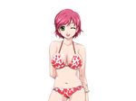  1girl bare_shoulders bikini breasts game_cg green_eyes happoubi_jin iihara_nao large_breasts legs looking_at_viewer open_mouth pink_hair resort_boin short_hair simple_background smile solo standing swimsuit thighs white_background wink 