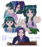  1boy 1girl bare_shoulders blue_eyes blue_flower bun_cover chinese_clothes double_bun flower green_hair hair_bun hair_flower hair_ornament hetero highres holding holding_brush jinshi_(kusuriya_no_hitorigoto) kusuriya_no_hitorigoto maomao_(kusuriya_no_hitorigoto) multiple_views onisan611 parted_bangs purple_hair purple_shirt purple_skirt shirt skirt sweatdrop twitter_username 