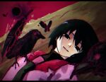  1girl absurdres animal_on_shoulder bird bird_on_shoulder black_bird black_border black_butterfly black_eyes black_feathers black_hair black_hole black_necktie black_shirt bob_cut border bug butterfly close-up collared_shirt commentary crow dress_shirt dutch_angle empty_eyes falling_feathers feathers flying hair_between_eyes highres letterboxed light_smile looking_to_the_side lying monogatari_(series) naoetsu_high_school_uniform narrowed_eyes necktie on_back on_ground oshino_ougi parted_lips pink_shirt portrait red_eyes red_sky red_trim romaji_commentary sanketsu_(user_zxmp2323) school_uniform shirt short_hair sky smile solo the_darkness_(monogatari) turning_head turtleneck 