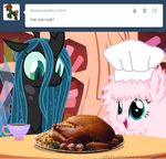  blue_eyes changeling crown duo english_text equine female fluffle_puff fluffy food friendship_is_magic fur green_eyes green_hair hair hat horn horse mammal mixermike622 my_little_pony open_mouth pink_fur pink_hair pony queen_chrysalis_(mlp) royalty text tiara tumblr turkey wings 