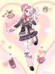  &gt;_&lt; 1girl animal artist_name badge bandaid bandaid_on_knee bandaid_on_leg bead_necklace beads belt belt_buckle black_jacket black_ribbon black_shoes blushbunny_(infinity_nikki) brown_eyes buckle cellphone chinese_commentary collared_shirt commentary_request copyright_name cupcake eyelashes flip_phone food frilled_jacket frilled_ribbon frilled_skirt frills full_body fur-trimmed_jacket fur_trim grey_belt grey_skirt gyaru hair_ornament hair_scrunchie hairclip happy head_tilt heart heart-shaped_bandaid heart-shaped_buckle heart_background heart_hair_ornament highres infinity_nikki jacket jewelry knees leg_belt leg_up leg_warmers loafers long_hair long_sleeves miniskirt multicolored_hair necklace nikki_(series) one_eye_closed open_mouth outline parallel_hairclips phone pink_arm_warmers pink_background pink_hair pink_leg_warmers pink_scrunchie pink_shirt plaid_clothes plaid_skirt pleated_skirt rabbit rainbow_hair_ornament ribbon rosie_sweetheart_(infinity_nikki) scrunchie shirt shoes skirt smile solo sparkle split-color_hair standing star_(symbol) star_hair_ornament studded_belt tamagotchi_(virtual_pet) two-tone_background two_side_up v very_long_hair virtual_pet_(toy) waist_ribbon white_outline x_hair_ornament y2k_fashion yellow_background zhenzhunaicha14817 