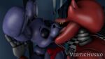 animatronic anthro arcade_machine bonnie_(fnaf) canid canine clasped_hands dominant dominant_male duo eyes_closed five_nights_at_freddy&#039;s fox foxy_(fnaf) french_kissing genitals head_tilted_back hook hook_hand intimate kissing lagomorph leporid machine male male/male mammal penis pinned pinned_to_wall rabbit robot scottgames submissive submissive_male tapering_penis vertichusko