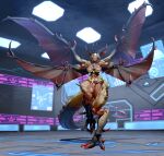  absurdres character_transformation claws dark-skinned_female dark_skin dragon_tail fake_horns final_fantasy final_fantasy_xiv full_body giant giant_monster giantess head_wings helmet highres horned_helmet horns laboratory multiple_wings muscular muscular_female original qtime_702 scales solo tail thick_thighs thighs transformation wings 