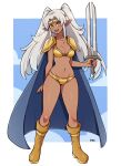  1girl armor bikini_armor blue_background boots border breasts cleavage commentary commission dark-skinned_female dark_skin english_commentary full_body highres holding holding_sword holding_weapon knee_boots long_hair looking_at_viewer medium_breasts navel oninuer open_mouth orange_eyes original outside_border pointy_ears shoulder_armor sidelocks smile solo sword twintails weapon white_border white_hair yellow_armor yellow_boots 