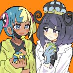  2girls :d bad_id bad_pixiv_id black_dress blonde_hair blue_eyes blue_gloves blue_hair blue_nails blunt_bangs blush bob_cut canari_(pokemon) closed_mouth coat crop_top cropped_jacket dark-skinned_female dark_skin dress gloves gwynn_(pokemon) han0579 hat highres holding holding_poke_ball jacket long_sleeves looking_at_another multicolored_hair multicolored_nails multiple_girls nest_ball open_clothes open_coat open_mouth orange_background partially_fingerless_gloves poke_ball pokemon pokemon_legends:_z-a purple_eyes purple_hair quick_ball short_hair smile split-color_hair twintails two-tone_hair two-tone_nails upper_body white_coat yellow_jacket yellow_nails 