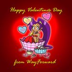  bandeau bare_shoulders blue_eyes bracelet breasts candy candy_heart commentary company_name cream cupcake dark_skin earrings english english_commentary eyelashes food full_body happy_valentine heart jewelry long_hair looking_at_viewer medium_breasts muffin navel official_art pointy_ears ponytail promotional_art purple_hair red_background shantae:_half-genie_hero shantae_(character) shantae_(series) simple_background sitting smile solo valentine wayforward 