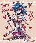 1girl blue_hair box breasts cleavage female gift gift_box heart large_breasts loose_clothing nurse present red_eyes ribbon saw short_hair shoulders skullgirls solo surgical_mask symbol-shaped_pupils valentine valentine_(skullgirls) 