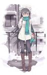  aqua_eyes bad_id bad_pixiv_id black_hair blush boots coat ganaha_hibiki hat highres idolmaster idolmaster_(classic) long_hair moss_(sphere211) scarf snow solo very_long_hair 