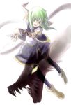  aion_(hekikai_no_aion) glowing glowing_eye green_eyes green_hair hekikai_no_aion konowa long_hair miyazaki_seine open_mouth sharp_teeth simple_background smoke snake teeth thighhighs white_background 