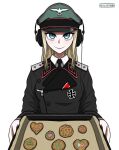  1girl armor black_necktie blonde_hair blue_eyes collared_shirt cookie cross food gloves heart highres holding_pan iron_cross kaplanie koalakanru long_hair medal military_uniform necktie original pauldrons reichsadler shirt shoulder_armor siegrunen solo swastika wehrmacht white_background white_gloves world_war_ii 