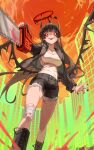  1girl absurdres alternate_costume bandaged_leg bandages bandaid bandaid_on_cheek bandaid_on_face black_boots black_hair black_jacket black_nails black_shorts black_wings blood blood_halo blood_spray blue_archive boots breasts building chainsaw city cutoffs halo highres holding holding_chainsaw jacket large_breasts liquid_halo long_hair looking_at_viewer orange_sky red_eyes sharp_teeth shirt short_shorts shorts sky solo standing teeth tsurugi_(blue_archive) white_shirt wings yc97 