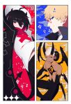  1girl 2boys ahoge arrow_print black_hair black_jacket black_wings blonde_hair bob_cut border chase_(i&#039;m_the_grim_reaper) demon_horns demon_tail feathered_wings feet_out_of_frame glasses gradient_skin graveweaver grin hair_between_eyes hair_horns hood hood_up horns i&#039;m_the_grim_reaper jacket lucifer_(i&#039;m_the_grim_reaper) midriff mini_wings multiple_boys multiple_wings no_shirt official_art open_clothes open_jacket popped_collar red_eyes red_scarf scarf scarlet_(i&#039;m_the_grim_reaper) sheep_horns shirt short_hair smile stitched_neck stitches symbol-shaped_pupils tail third_eye_on_chest white_border white_hair white_shirt wings x-shaped_pupils x_(symbol) 