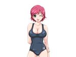 1girl bare_shoulders breasts cleavage erect_nipples game_cg green_eyes happoubi_jin iihara_nao large_breasts legs looking_at_viewer open_mouth pink_hair resort_boin short_hair simple_background smile solo standing swimsuit thighs white_background wink 