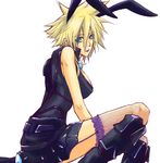  1girl artist_request blonde_hair blue_eyes blue_lipstick breasts cloud_strife female final_fantasy final_fantasy_vii fishnet_legwear fishnets garter_straps genderswap lipstick looking_at_viewer makeup short_hair sitting skirt solo thighhighs 