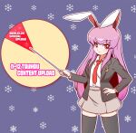  1girl animal_ears bilingual_commentary black_jacket black_thighhighs blazer closed_mouth collared_shirt commentary crescent crescent_pin english_commentary english_text graph hand_on_own_hip highres holding holding_pointer jacket korean_commentary long_hair long_sleeves looking_at_viewer mirae_somang mixed-language_commentary necktie pie_chart pointer purple_hair rabbit_ears rabbit_girl red_eyes red_necktie reisen_udongein_inaba shirt skirt smile snowflakes solo thighhighs touhou very_long_hair white_shirt 