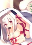  animal_ears breasts chocolate chocolate_heart cleavage dog_ears dog_tail heart highres large_breasts megarisu mouth_hold naked_ribbon red_eyes ribbon tail under_covers white_hair 