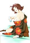  1girl absurdres breasts brown_eyes brown_hair cup drunk glasses goei happy highres ikkitousen japanese_clothes kimono large_breasts legs looking_back milf no_bra official_art open_mouth shiozaki_yuji short_hair simple_background sitting smile solo thighs white_background 