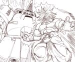  1boy aura blank_eyes broly_(dragon_ball_z) clenched_hand dragon_ball dragon_ball_z gundam kin-san_(sasuraiga) male_focus mobile_suit monochrome shimada_bin spiked_hair super_saiyan the_o_(mobile_suit) topless_male voice_actor_connection zeta_gundam 