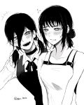  2girls alternate_hairstyle apron blush chainsaw_man choker collared_shirt commentary_request cosplay costume_switch dress flying fourth_east_high_school_uniform greyscale hair_between_eyes hair_bun hairstyle_switch highres low_twintails madaosw medium_hair mitaka_asa monochrome multiple_girls neck_ribbon open_mouth pinafore_dress reze_(chainsaw_man) ribbon school_uniform shirt sleeveless sleeveless_dress sweat twintails twitter_username 
