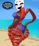 2025 animate_inanimate artist_name bandeau_bikini beach big_butt bikini blue_bikini blue_clothing blue_swimwear blush breasts butt clothed clothing curvy_figure dialogue digital_drawing_(artwork) digital_media_(artwork) empty_eyes english_text eyelashes fabric_creature female gangle_(tadc) glitch_productions hi_res huge_thighs humanoid living_mask looking_back mask necronnus not_furry open_mouth open_smile outside red_body sea seaside skimpy skimpy_bikini smile solo strapless_bikini strapless_clothing strapless_swimwear swimwear text the_amazing_digital_circus thick_thighs two-piece_swimsuit voluptuous voluptuous_female voluptuous_humanoid water watermark wide_hipped_female wide_hipped_humanoid wide_hips