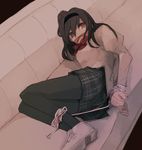  akemi_homura bdsm black_hair black_legwear bondage bound bound_ankles bound_wrists cleave_gag cloth_gag couch gag gagged hairband hanyae improvised_gag lying mahou_shoujo_madoka_magica pantyhose purple_eyes school_uniform solo 