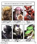  6+boys animal_ears arknights armor black_hair black_jacket blonde_hair brown_coat chain chain_necklace character_name claws closed_mouth coat crocodile_boy dated elden_ring english_commentary english_text executor_(elden_ring) eyepatch fangs five_nights_at_freddy's fox_boy fox_ears foxy_(fnaf) furry furry_male headset highres holding holding_sword holding_weapon hook hyena_boy hyena_ears jack_horner jacket jewelry looking_at_viewer male_focus marvel masked multicolored_hair multiple_boys multiple_drawing_challenge necklace o'donnis open_mouth pink_hair puss_in_boots:_the_last_wish sabertooth_(x-men) shrek_(series) signature six_fanarts_challenge smile sonic_the_hedgehog spot_(arknights) streaked_hair superhero_costume sword vector_the_crocodile weapon white_background x-men 