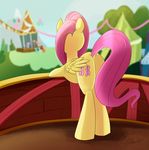  back_turned balloon bandstand bridge crowd cutie_mark equine female fluttershy_(mlp) friendship_is_magic fur grass hair hoerse horse long_hair mammal mane my_little_pony outside pegasus pink_hair pony signature sky solo standing tent tree tsitra360 wings yellow_fur 