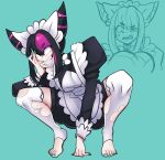  1girl angry apron black_romper bow bowtie clenched_teeth constricted_pupils cosplay crazy_eyes crazy_grin evil_grin evil_smile full_body grin hair_horns han_juri hand_on_own_face highres juliet_sleeves lebanne_(pokemon) lebanne_(pokemon)_(cosplay) leggings long_sleeves maid_apron missandydandy pokemon pokemon_legends:_z-a puffy_sleeves romper simple_background smile solo street_fighter street_fighter_6 teeth toeless_legwear torn_clothes torn_leggings white_bow white_bowtie 