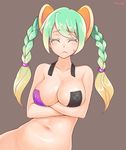  bad_id bad_pixiv_id blonde_hair blue_eyes braid breasts brown_background closed_eyes crossed_arms goyain gradient_hair green_hair large_breasts league_of_legends long_hair multicolored_hair navel simple_background solo sona_buvelle twin_braids twintails 