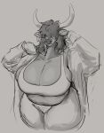 anthro belly big_breasts bovid bovine bra breasts cattle cleavage clothed clothing ear_piercing ear_ring female front_view hair hair_over_eyes hi_res horn huge_breasts jezzlen mammal overweight overweight_anthro overweight_female piercing ring_piercing sketch solo underwear voluptuous_anthro voluptuous_female