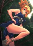  1girl bangs bare_legs blonde_hair blue_dress blue_eyes breasts closed_mouth day dr._stone dress eyebrows_visible_through_hair forest from_below hair_between_eyes highres kohaku_(dr._stone) long_hair looking_at_viewer looking_down medium_breasts mikel_(4hands) nature shiny shiny_hair short_dress sleeveless sleeveless_dress smile solo tied_hair 