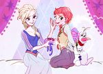  anna_(frozen) bad_id bad_pixiv_id bed blonde_hair blue_eyes braid breasts chocolates curtains disney dobu_(moor) dress elsa_(frozen) food freckles frozen_(disney) long_hair multiple_girls siblings sisters sitting smile wiping_mouth yuri 