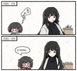  2girls ashtray black_hair blush bodysuit chibi child cigarette closed_mouth coat commentary_request cup d_ecember12th floral_background highres holding holding_tray japanese_clothes kimono korean_commentary korean_text limbus_company long_hair mother_and_daughter multiple_girls open_mouth project_moon purple_eyes red_eyes red_kimono ryoshu_(project_moon) sash simple_background smoke smoking speech_bubble sweat teacup translation_request tray white_background white_coat yellow_sash 